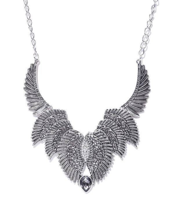 YouBella Oxidised Silver-Plated Textured Stone-Studded Necklace